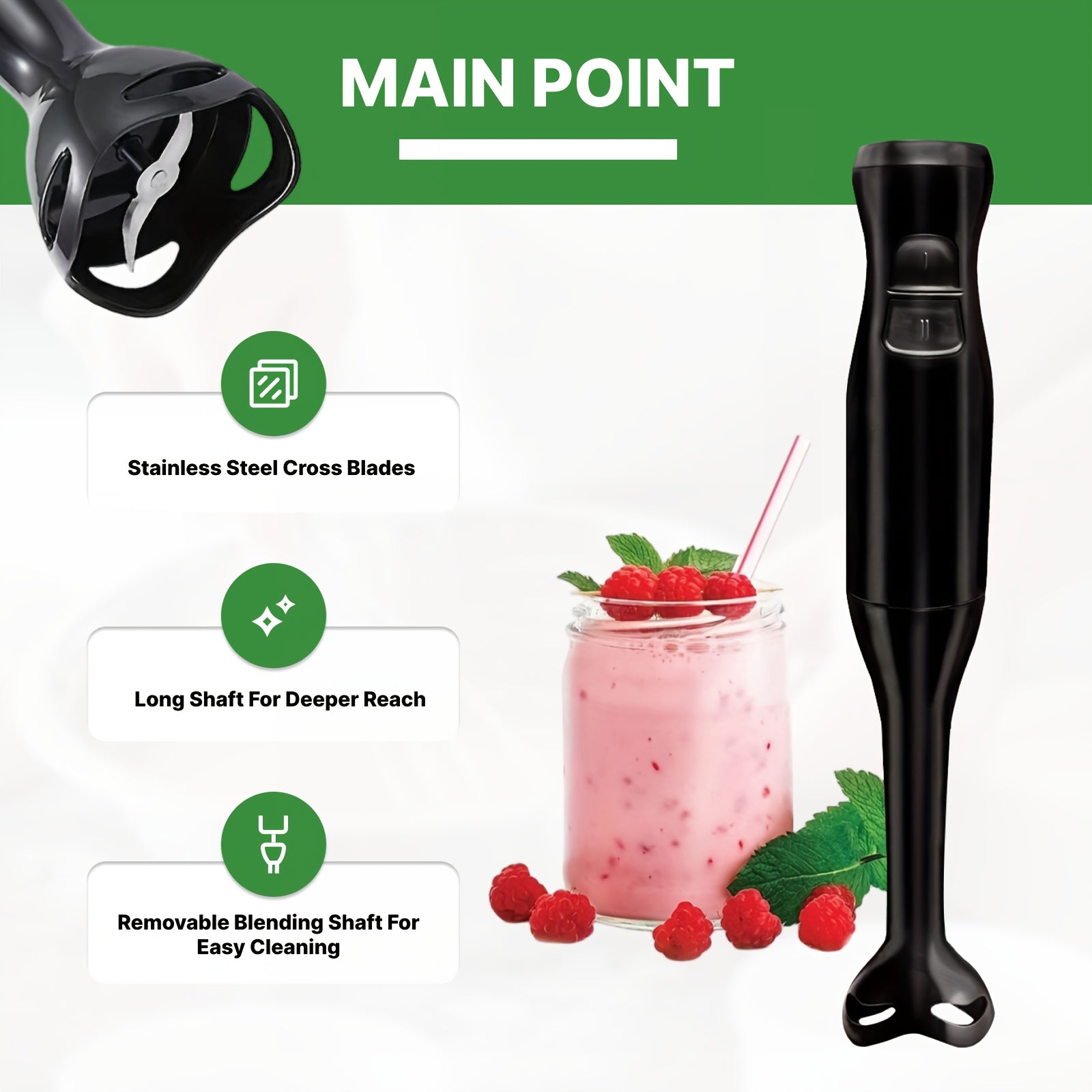 Black Electric Handheld Immersion Blender 2-Speed Mixer Chopper Ice Crushing