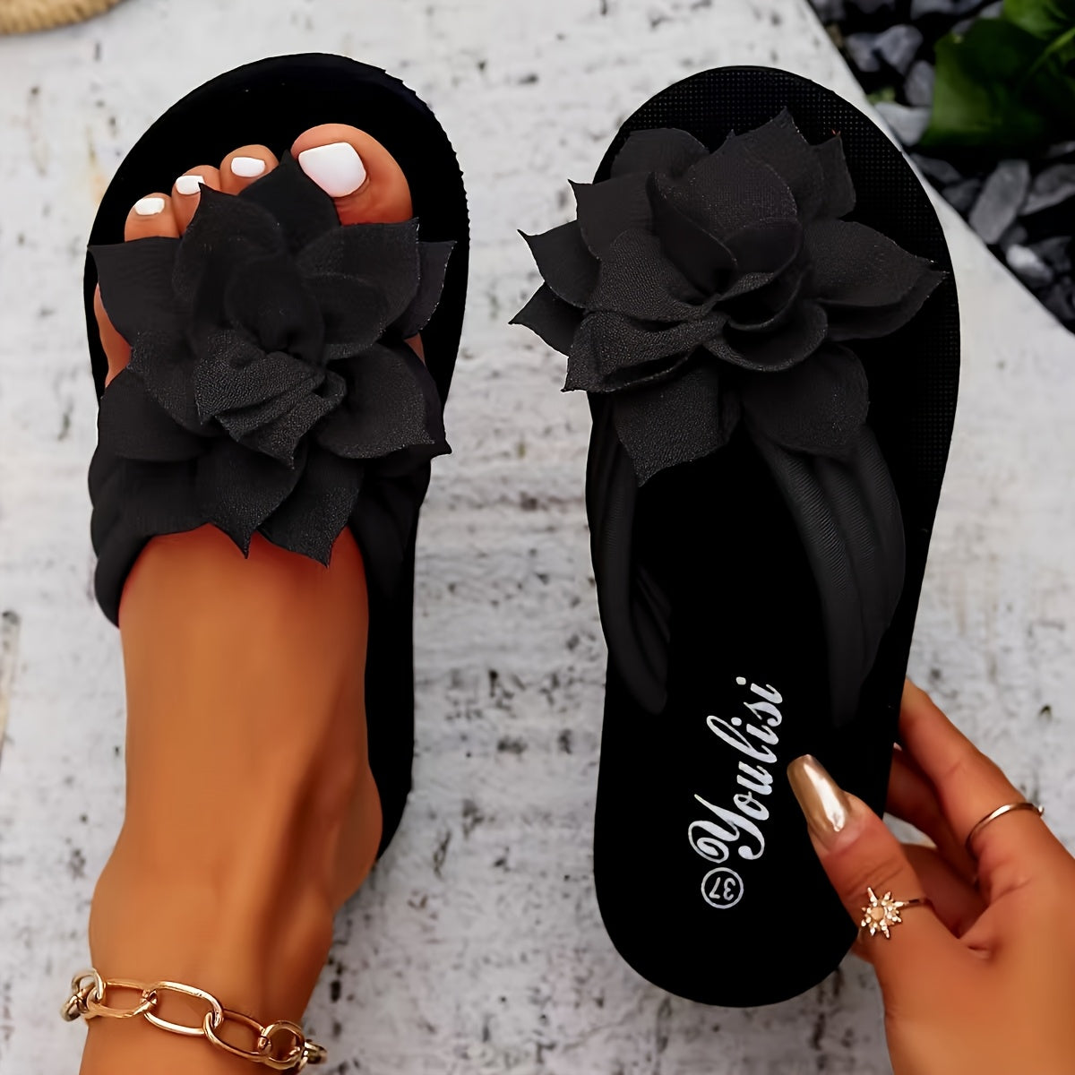 Women's Black Flip-Flops with Floral Embellishment Open Toe Slip-On