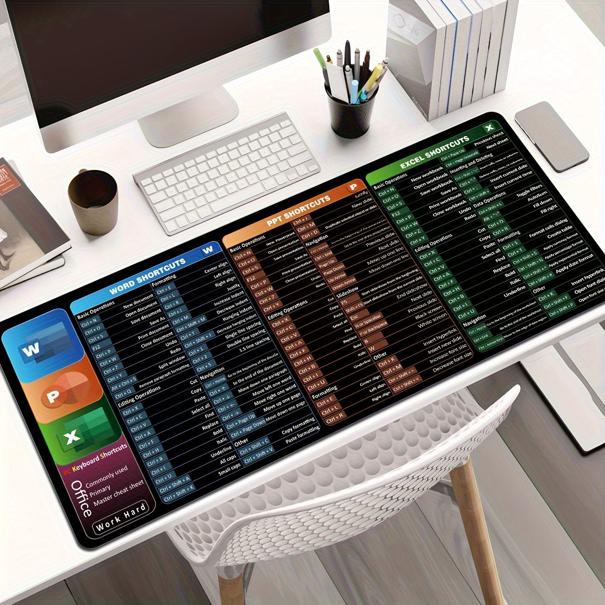 Large Non-Slip Washable Mouse Pad with Printed Shortcuts for Word Excel PowerPoint Gaming