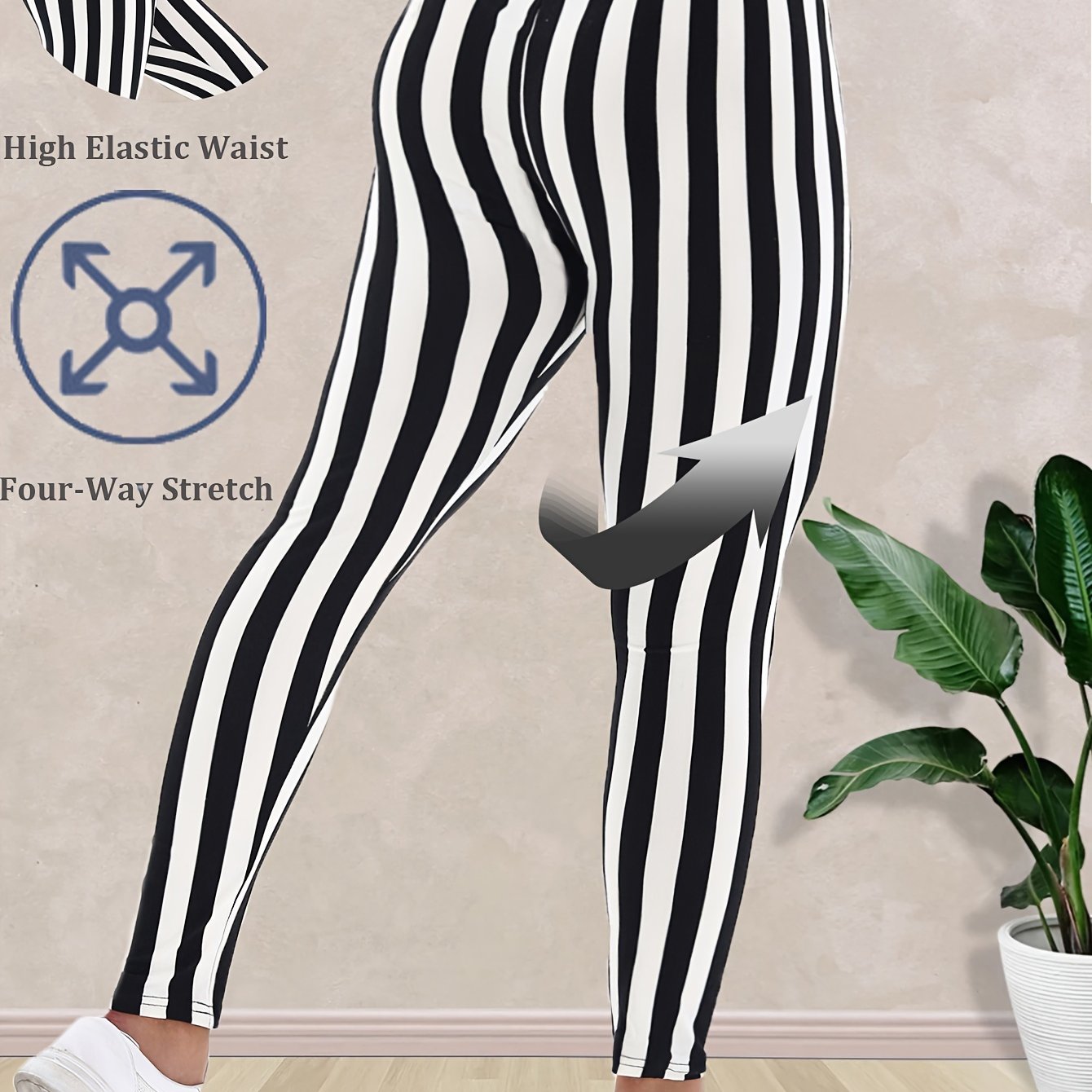 Women’s High Waist Striped Polyester Spandex Leggings Cropped Skinny Pants