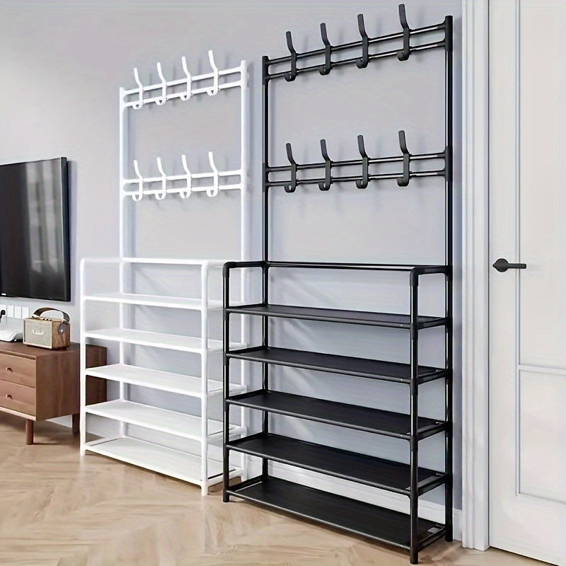 Metal Entryway Storage Rack with Shoe Shelves Hooks and Coat Stand in White or Black
