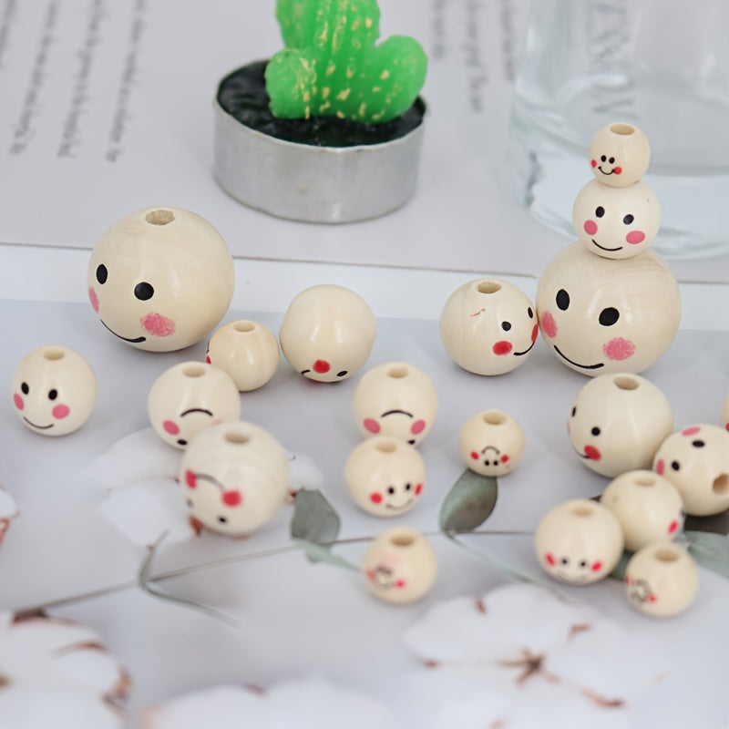 Round Wooden Beads with Happy Face Pattern for DIY Jewelry and Crafts 10mm 12mm 14mm 16mm 25mm Pack of 20 50 or 100