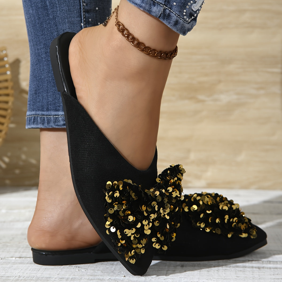 Zapatos planos de punta con lazo para mujer con parte superior de tela y suela de goma