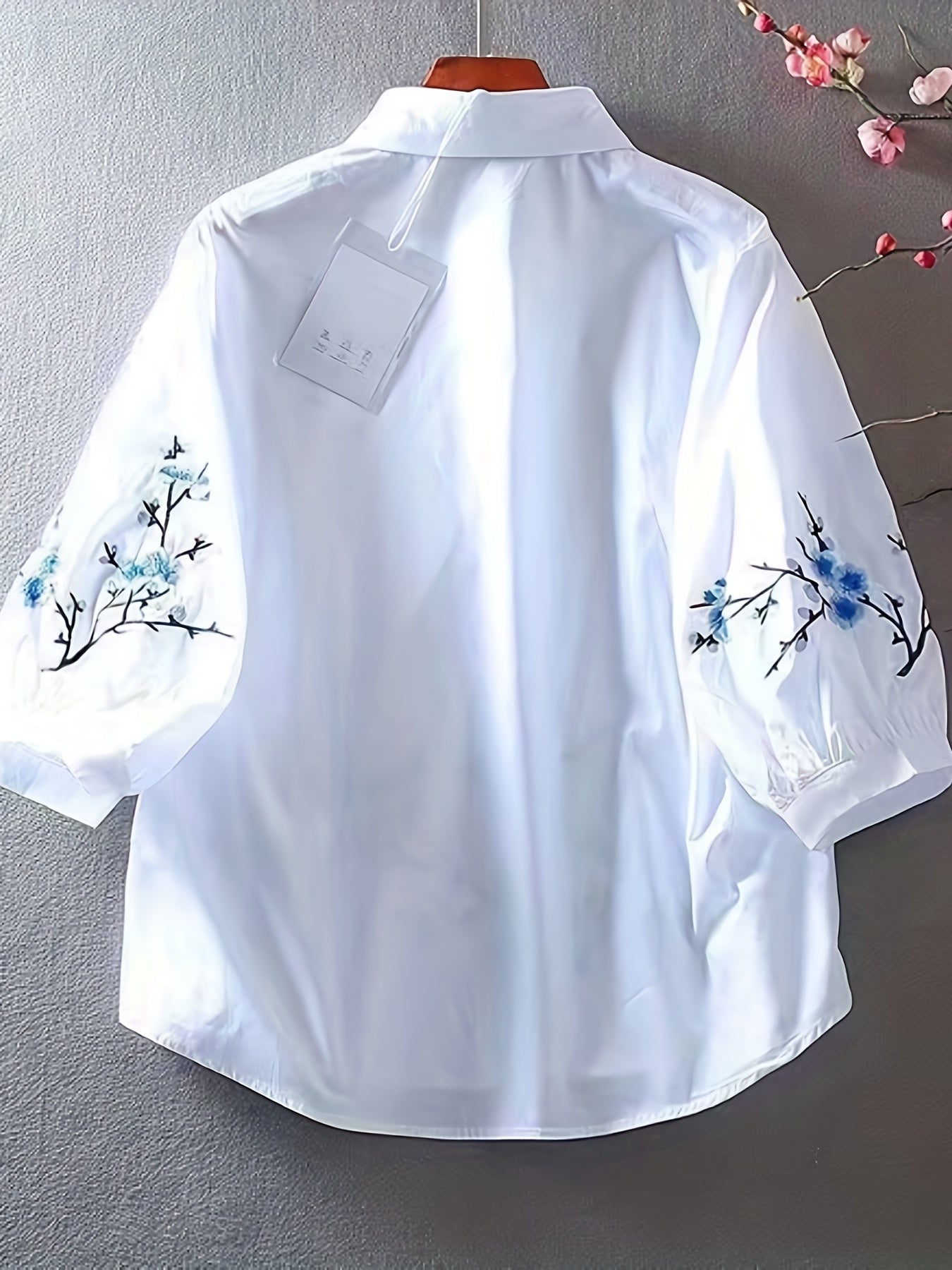 Women's Embroidered Polyester Blouse with Button Collar for Spring Summer Fall