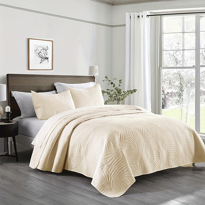 Bedroom Dormitory Bedspread Set with Leaf Embossed Design and Pillowcases