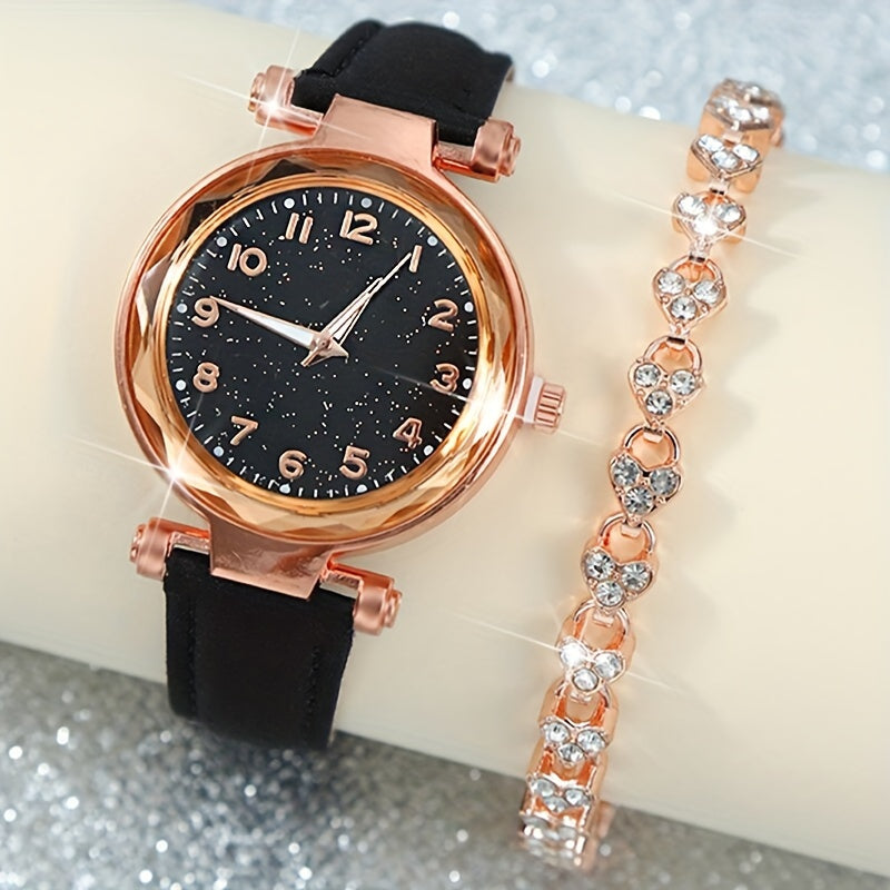 Women's 2-Piece Watch and Bracelet Set Casual Quartz Faux Leather Gift for Mom