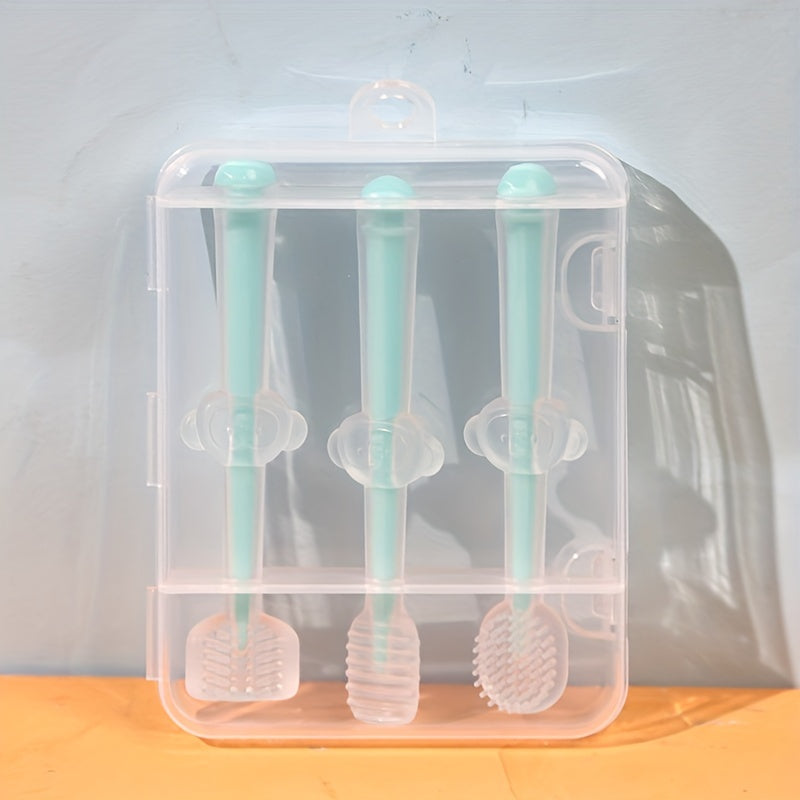 Set of 3 Soft Silicone Kids Toothbrushes with Tongue Cleaner for Ages 1 and Up