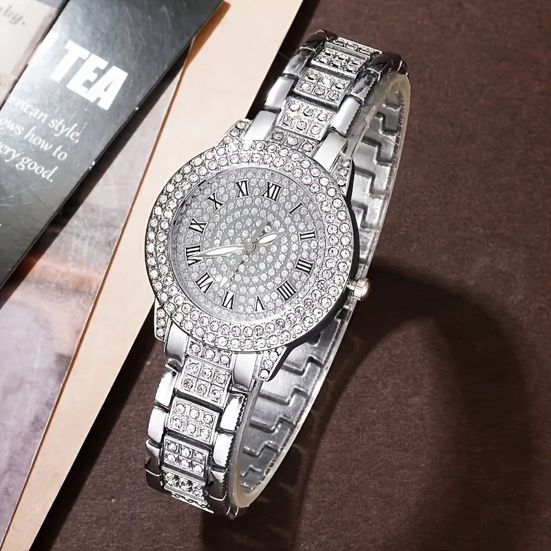 Women's Quartz Watch Set with Rhinestones Stainless Steel Band and Bracelet Gift for Valentine's Easter