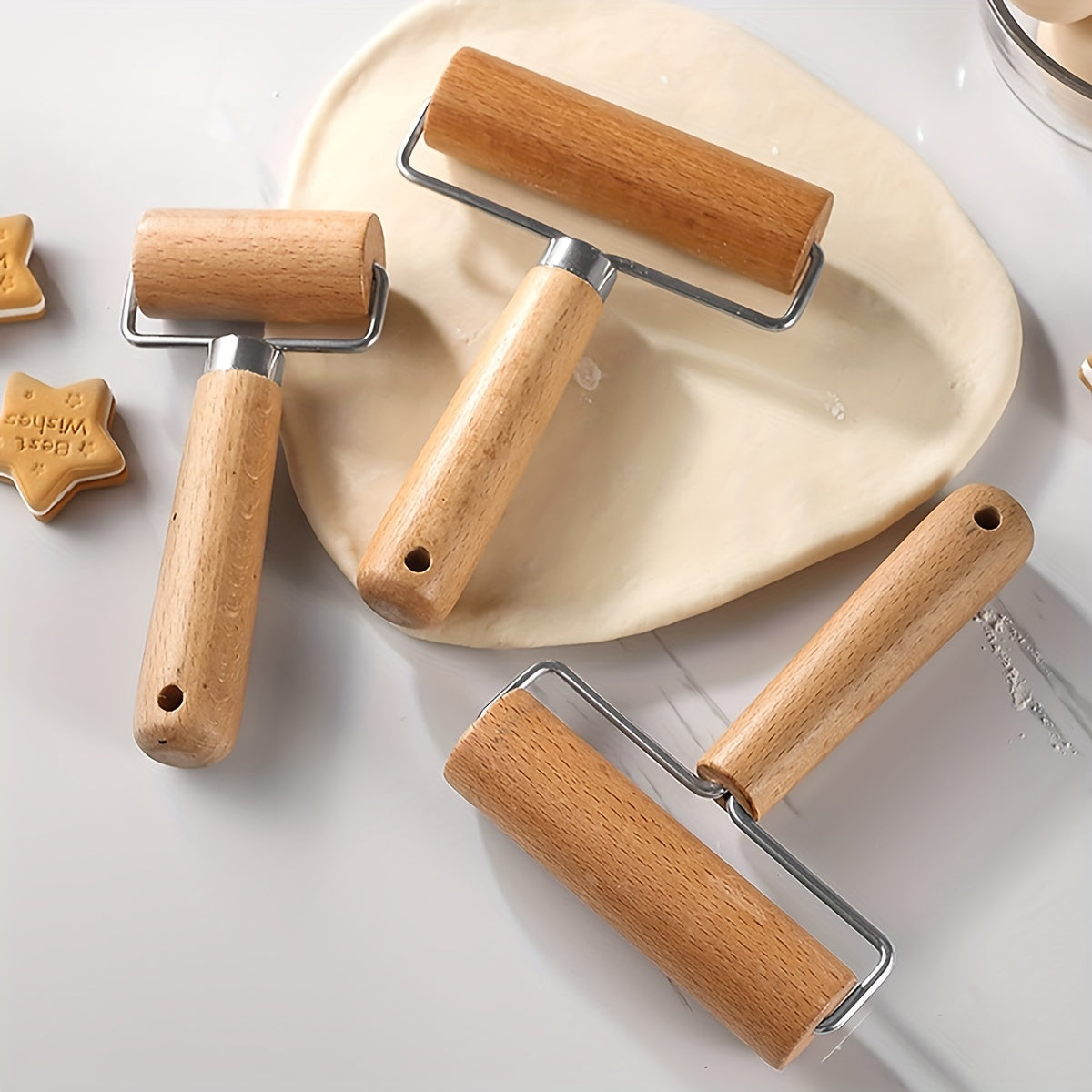 Wooden Rolling Pin with Stainless Steel T-Shaped Dough Roller for Baking and Dumpling Wrappers