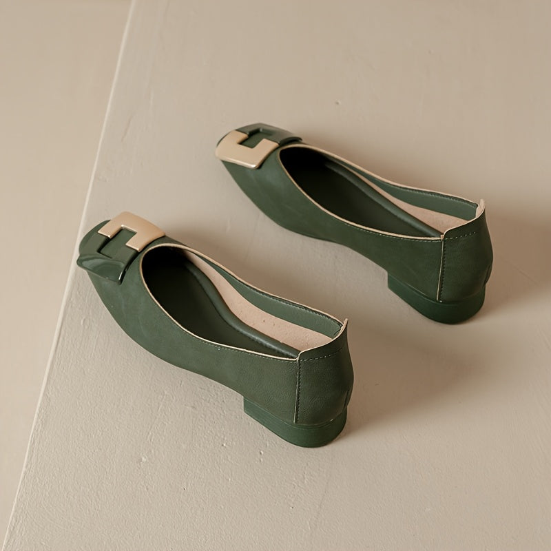 Women's Black Chunky Heel Pumps with Metallic Buckle Square Toe Work Shoes