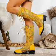 Women's Floral Ethnic Knee-High Boots Zippered Block Heel All-Season