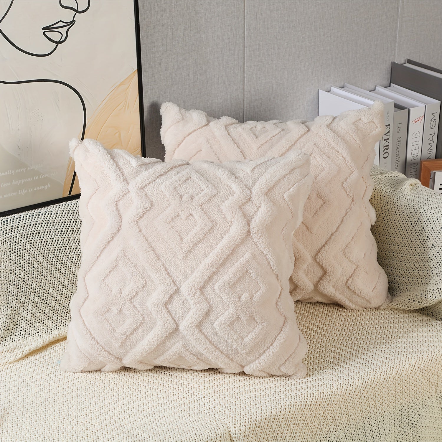 Plush Faux Wool Velvet Pillow Cover Cream Beige Geometric Zippered Decor