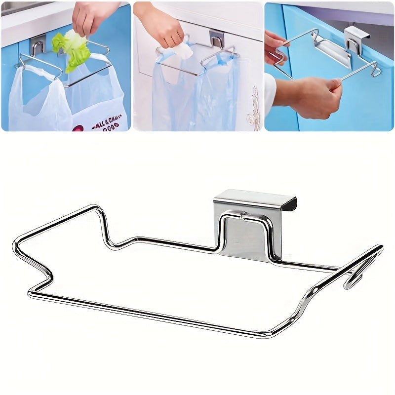 Stainless Steel Trash Bag Holder Over Cabinet Door Rack with Towel Hooks Kitchen Organizer