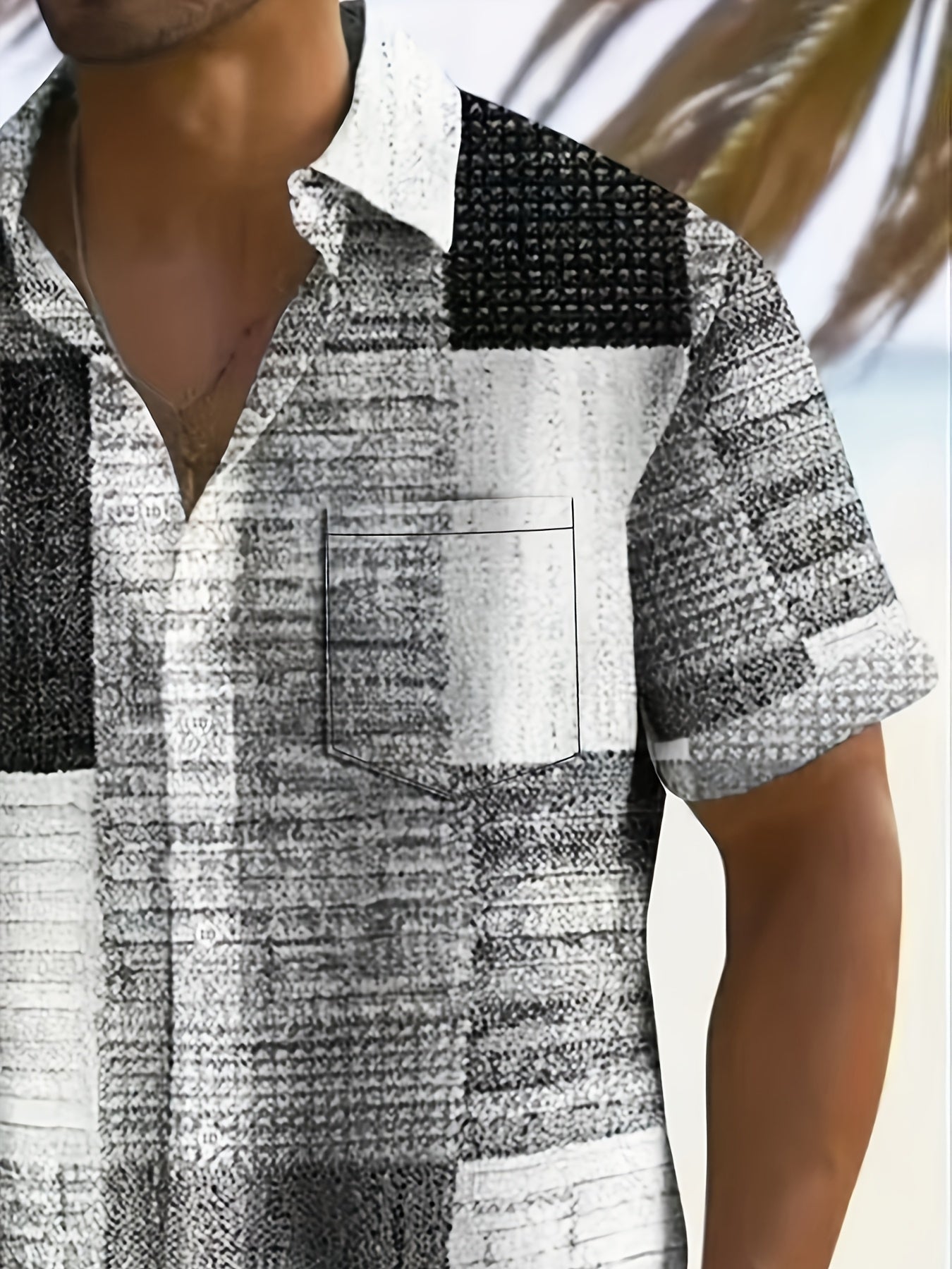 Erkaklar uchun plussiz casual qisqa yengli ko'ylak, tugmachali yopish, geometrik chiziqli naqsh, bahor/kovak uchun tor kesim, bohem uslubida elegant.