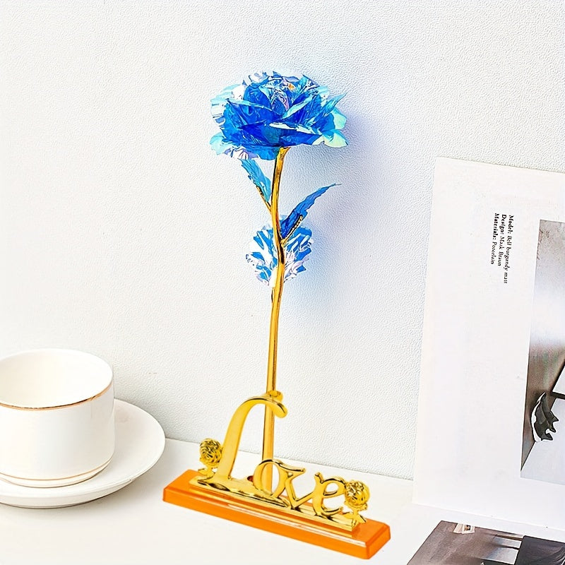 Juego de 2 rosas de oro artificial con base de amor arcoíris y rosas galaxia