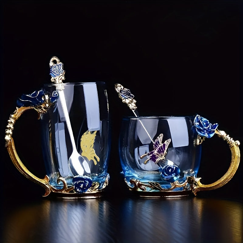 11.8oz Glass Tea Cup Set with Coaster and Spoon Elegant Flower Pattern for Coffee Water