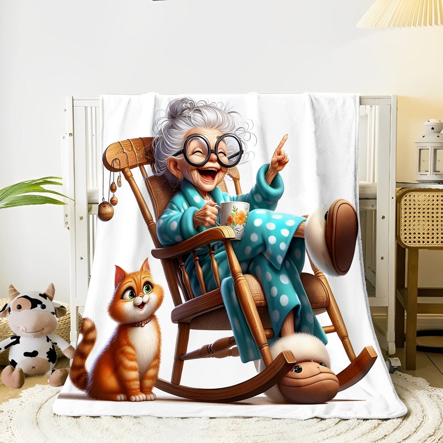 Senior Cozy Flannel Throw Blanket with Grandma and Cat Print All-Season Knitted Polyester