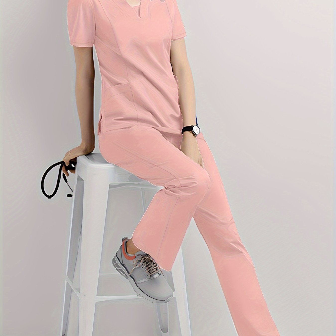 Women's Scrub Set V-Neck Top and Drawstring Pants Breathable Polyester Spandex Medical Uniform
