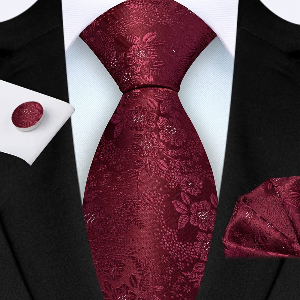 Men's 3-Piece Tie Set Floral Design Polyester Necktie Pocket Square Cufflinks for Weddings Business