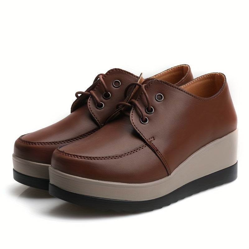 Women's Lace-Up Platform Wedge Loafers with Round Toe and Low Top