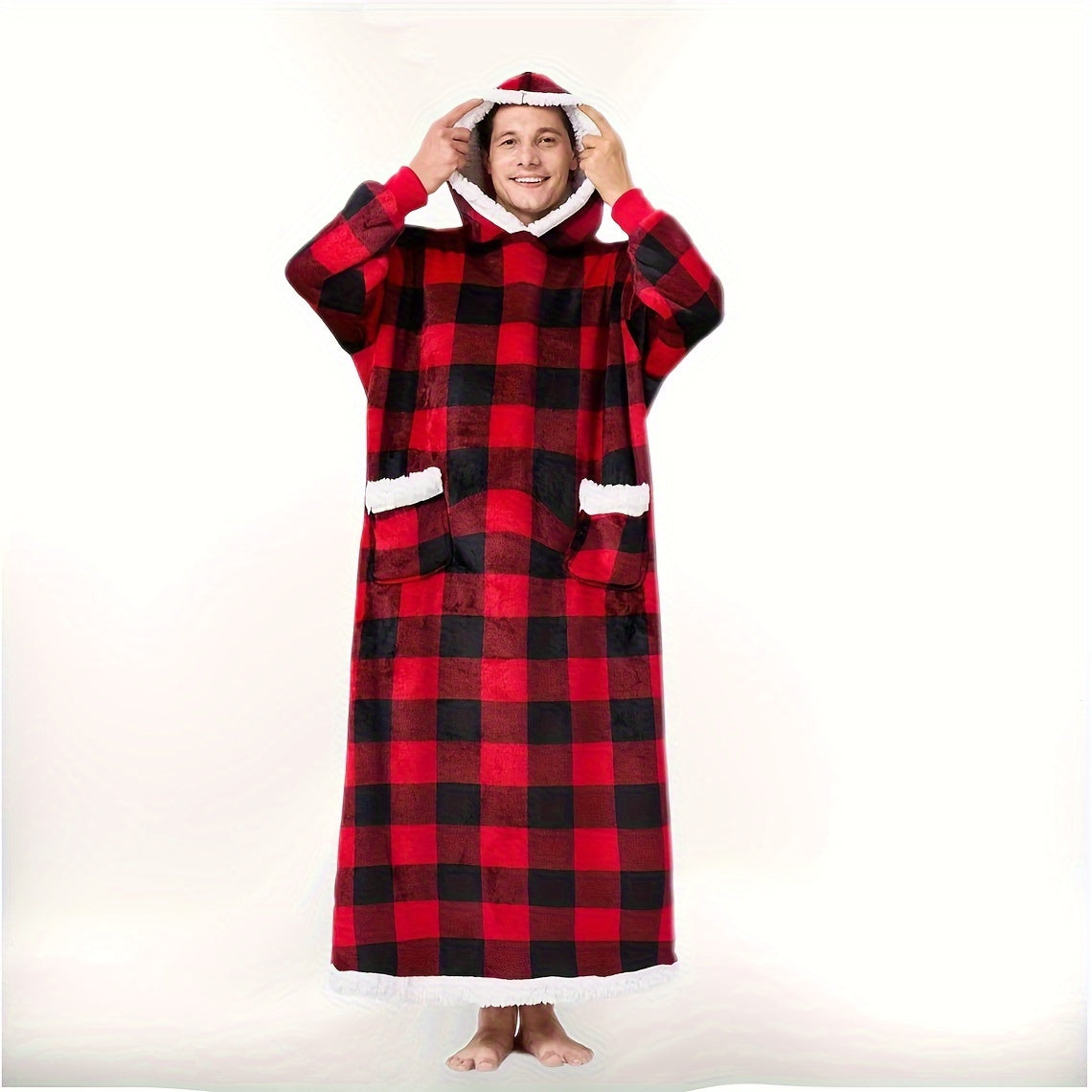 Oversized Plaid Flannel Blanket Hoodie for Couples Digital Octopus Print Stain-Resistant Polyester