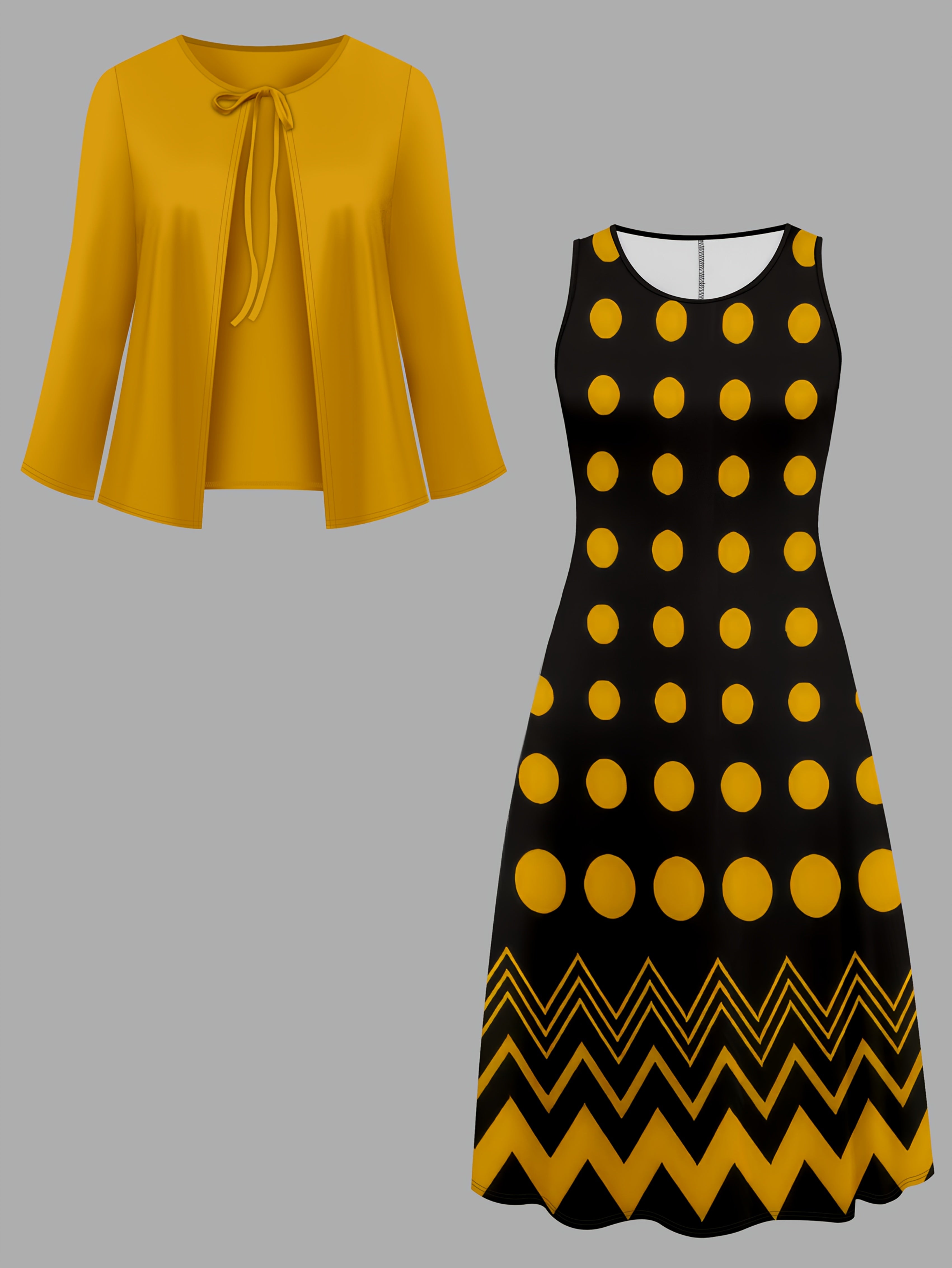 Zamonaviy plussayz kiyim: Bir rangli palto va polka nuqtali ko'ylak to'plami. Cho'ziluvchan, mashinada yuvilishi mumkin, nafis 2-qismli to'plam.