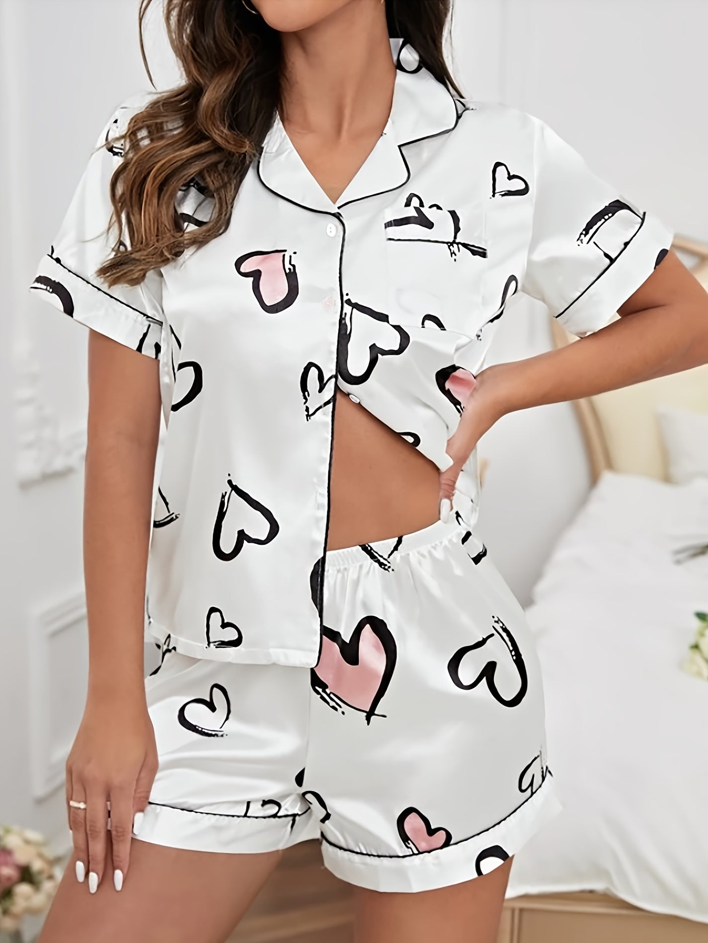 Women's Satin Heart Print Pajama Set Short Sleeve Button-Up Top Elastic Shorts Sleepwear Lounge
