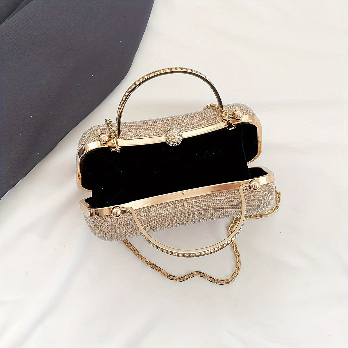 Mini Evening Bag with Rhinestone Chain for Parties Weddings and Proms Black Gold Silver