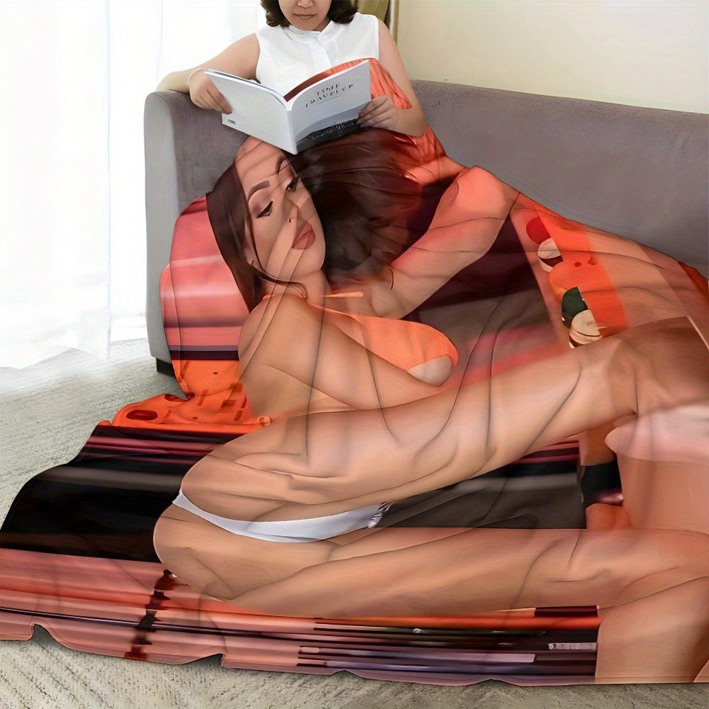 Soft and Cozy Flannel Throw Blanket with Blonde Model Design for Living Room Bedroom Outdoor Camping