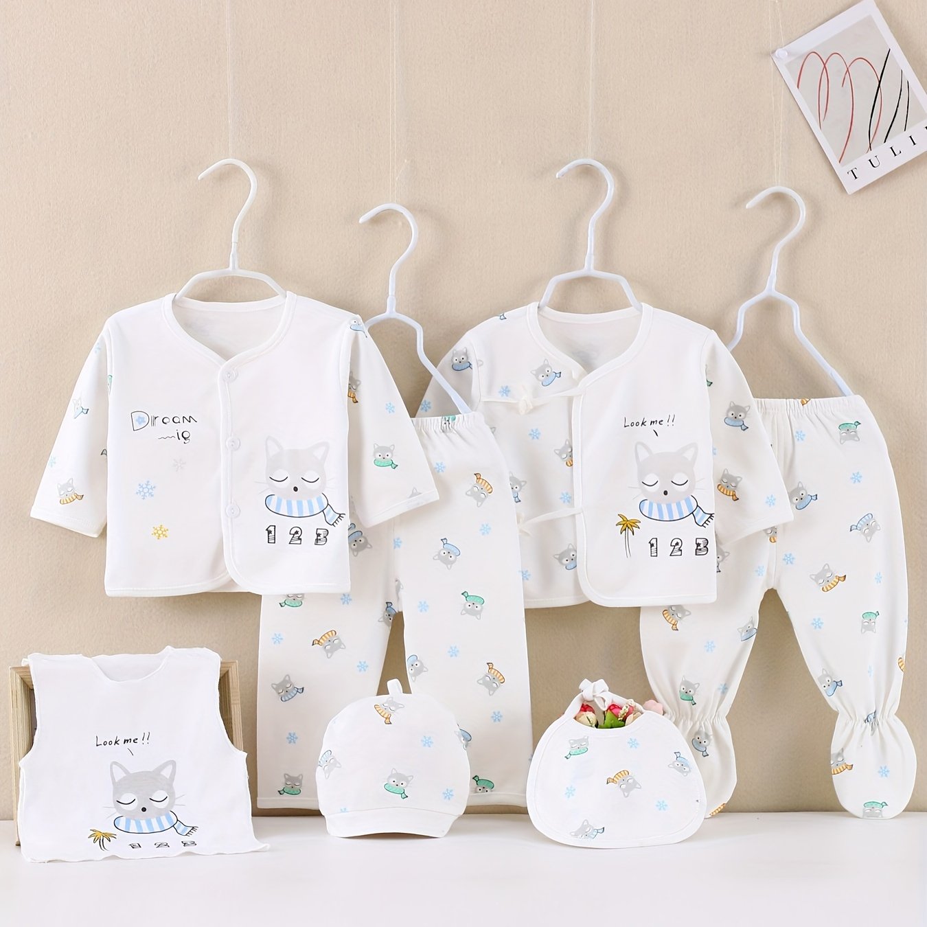 Детский 7-частный хлопковый комплект с котячим принтом для всех сезонов и активного отдыха