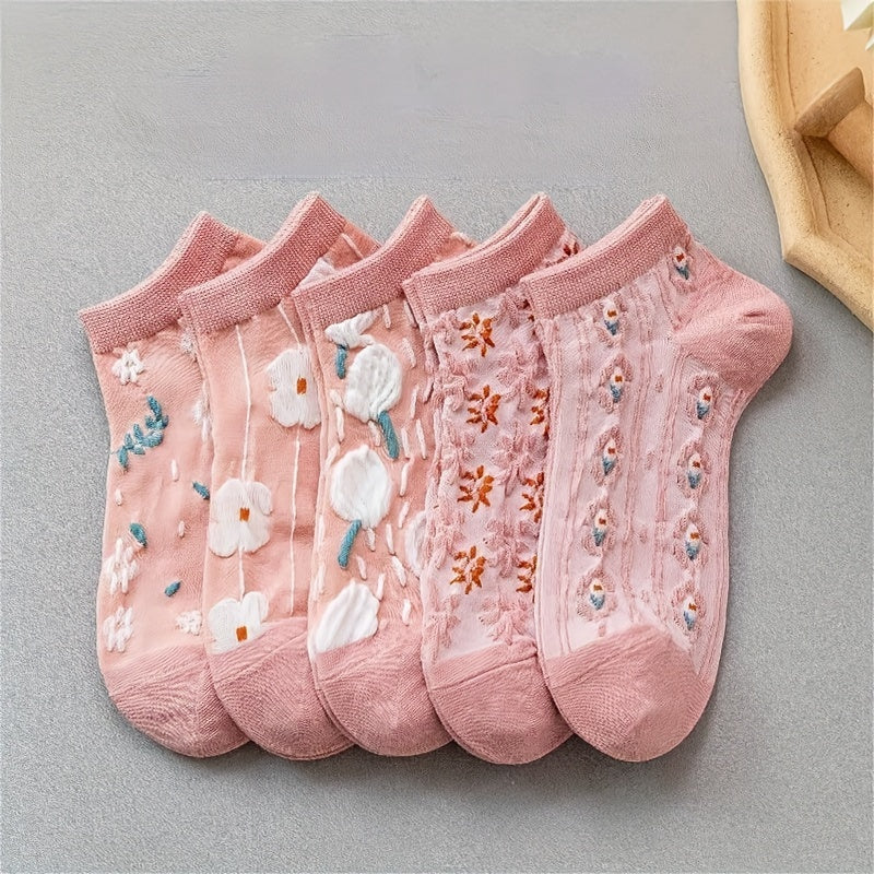 Pack de 5 calcetines cortos blancos de verano para mujer, calcetines de tobillo de punto para uso casual