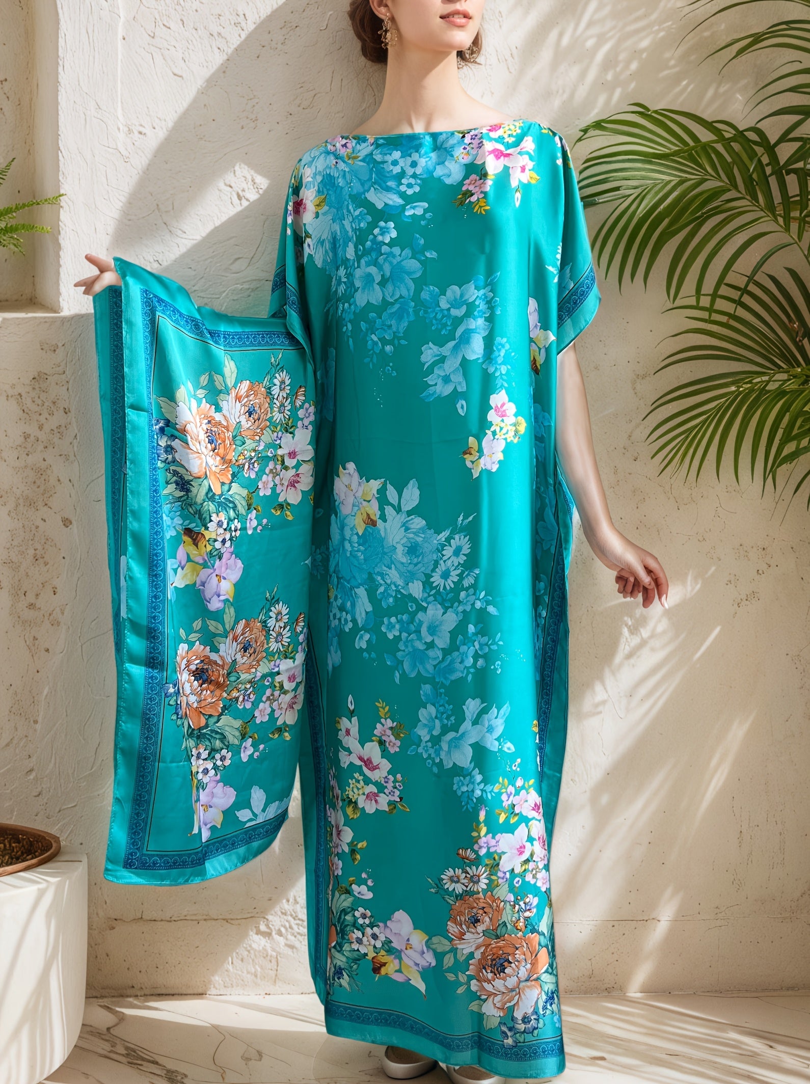 Plus Size Floral Print Batwing Sleeve Maxi Dress for Women, Casual Summer Wear