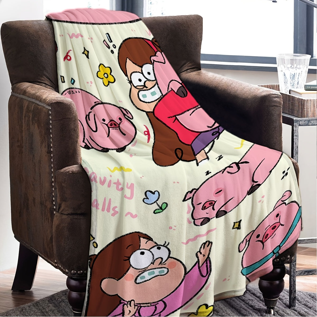 Knitted Throw Blanket with Gravity Falls Pig and Girl Print for All-Season Home Decor