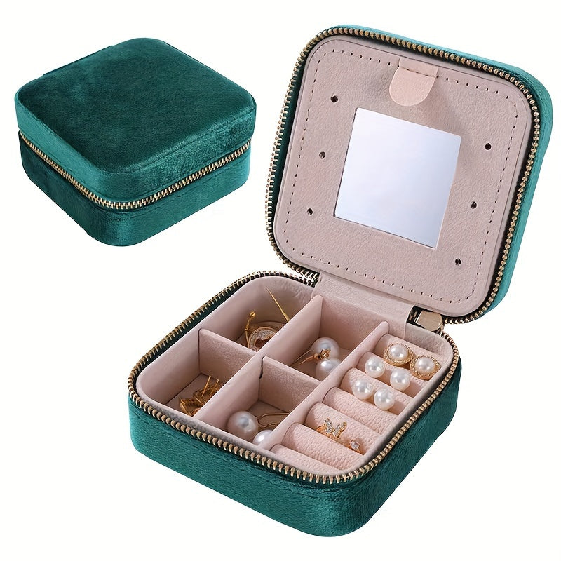 Velvet Jewelry Box with Mirror and Dual-Layer Zippered Storage for Accessories