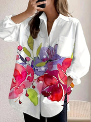 Women's Floral Print Long Sleeve Polyester Casual Shirt with Pockets