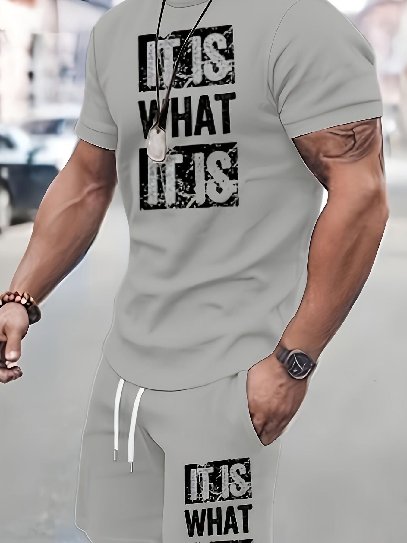 Men's Summer Suit Gray Letter Print Knit Fabric Casual Travel Fitness Social