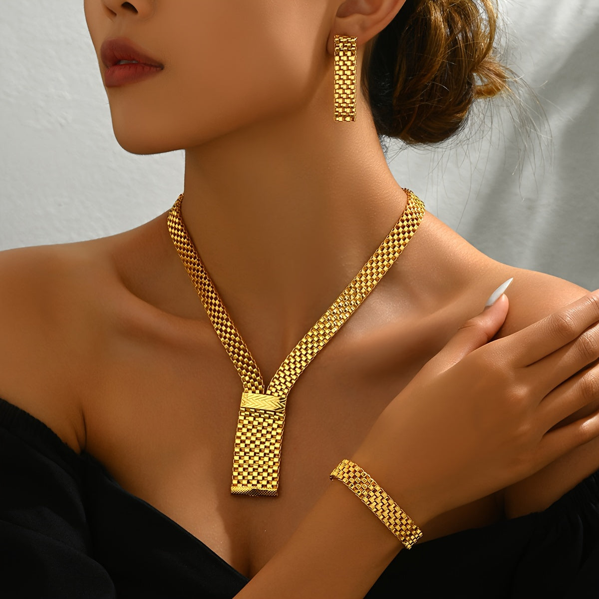 Элегантный винтажный этнический комплект украшений с вечным шармом - включает геометрические серьги в форме буквы V, ожерелье и браслет для женщин | Идеально для свадеб и вечеринок