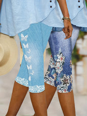 Women’s Plus Size Floral Print Capri Leggings Breathable Light Blue Elastic Waist