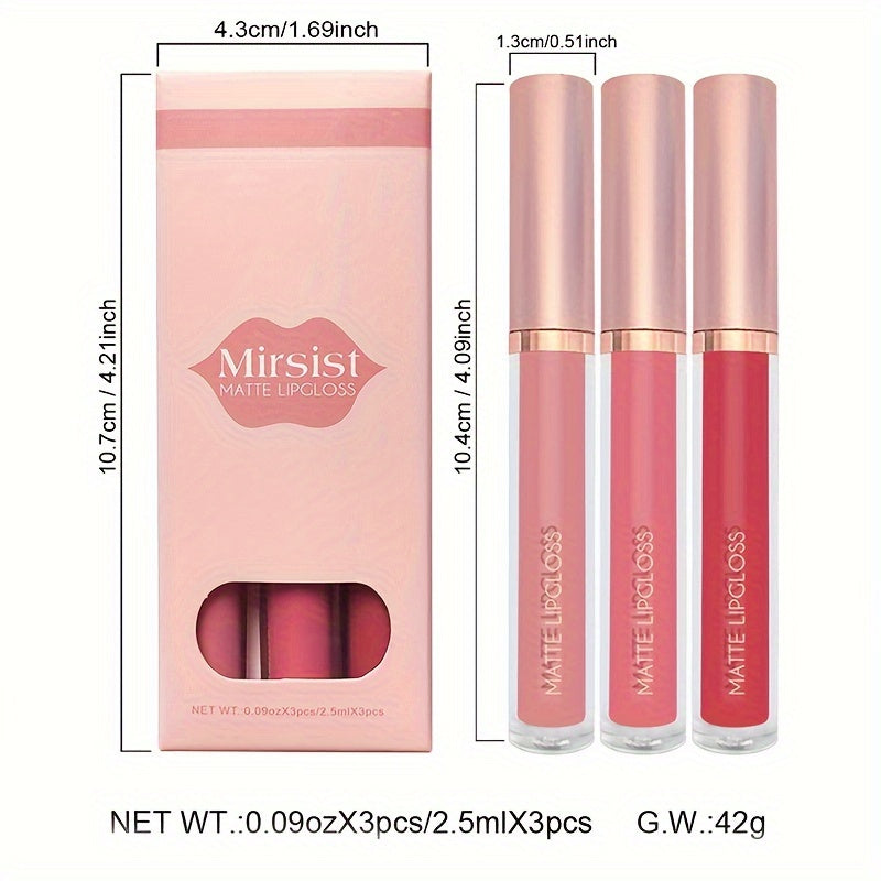 3-Piece Matte Lipstick Set Waterproof Long-Lasting Velvety Lip Gloss for Women