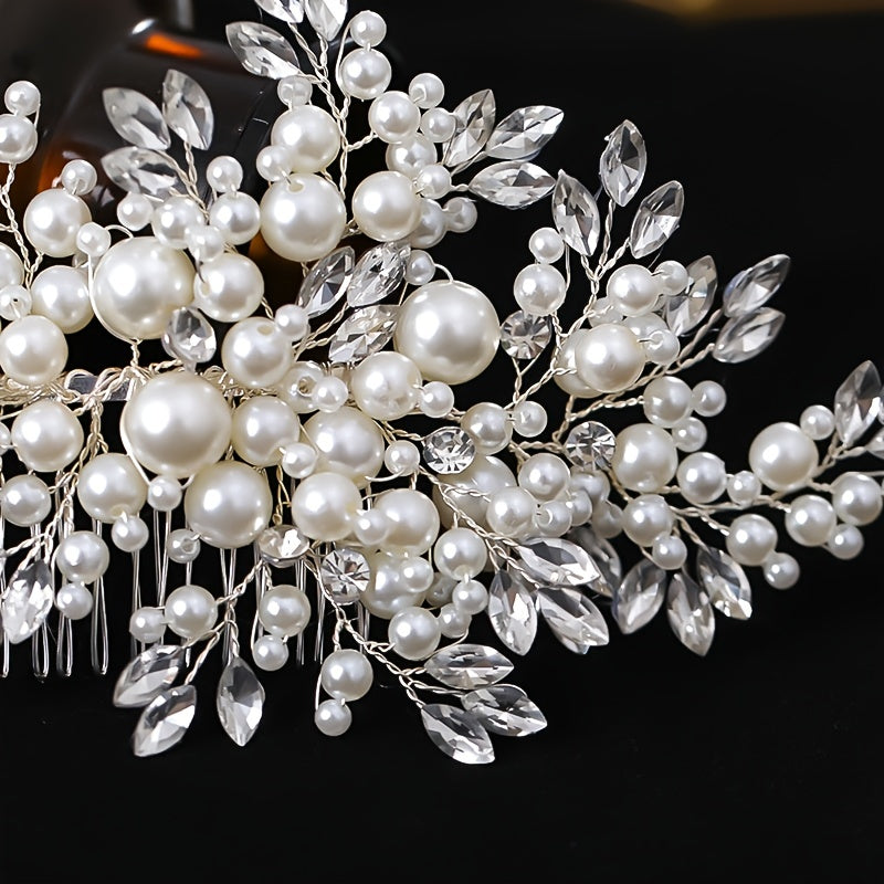Handmade Silver Hair Comb Headpiece with Pearl and Rhinestone Accents for Weddings