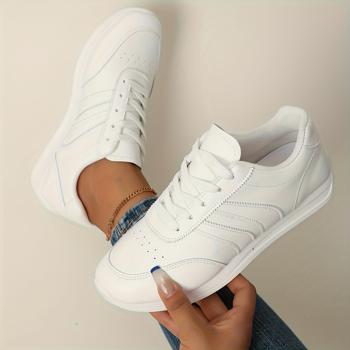 Women's White Synthetic Low-Top Lace-Up Sneakers with Green Navy Stripes