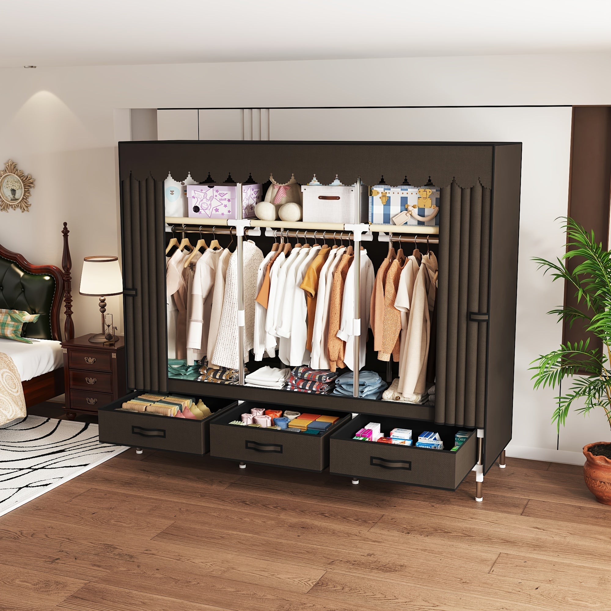 Organizador portátil para armario con 3 barras colgantes, 6 estantes, estructura de acero aleado