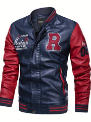 Plus Size Oversized PU Baseball Jacket for Men with Letter R Print Spring Autumn