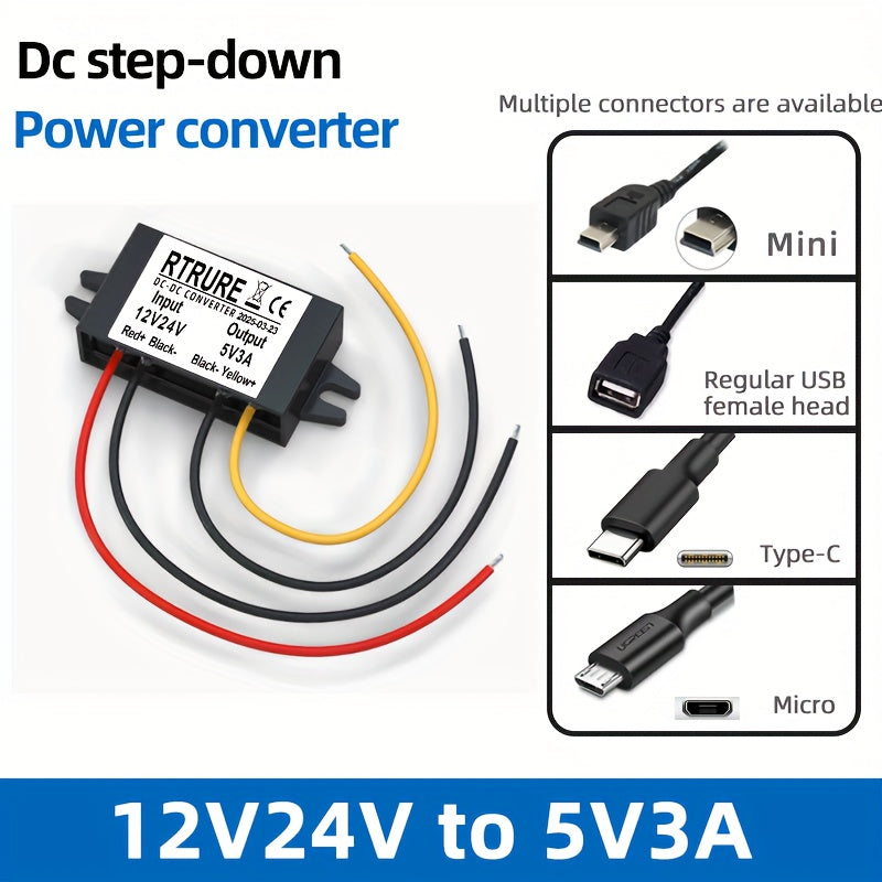 Adaptador de corriente para coche DC Convierte 12V/24V a 5V 3A Cargador de coche USB-C Micro USB