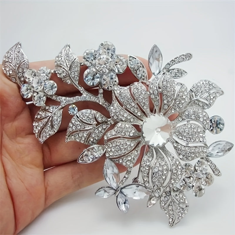 Women's Floral Brooch Pin Alloy Silvery-Tone Rhinestone Jewelry