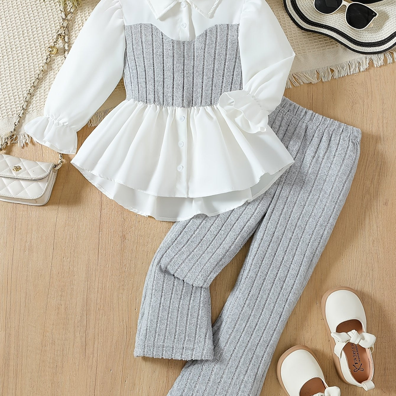 Girls Autumn Two-Piece Set Long Sleeve Collared Shirt and Stretch Pants for Casual and Daily Wear