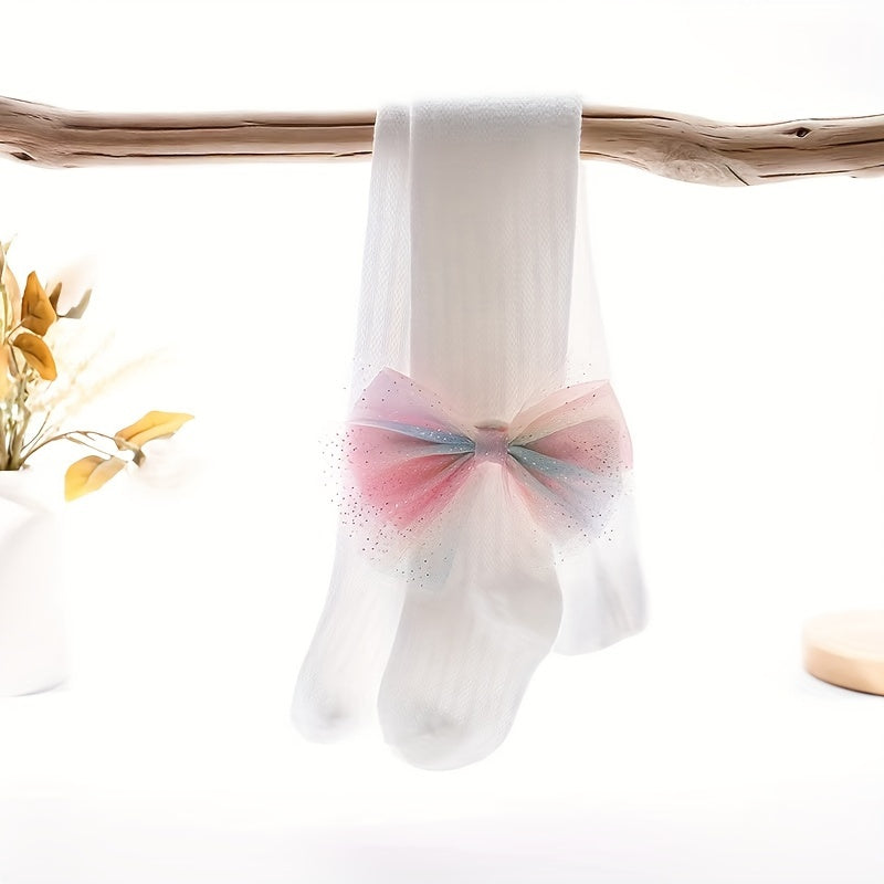 Girls Floret Patterned Pantyhose with Bow Tie Solid Knit Base Layer for Toddlers in Spring and Autumn