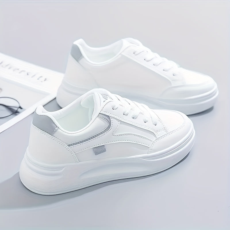 Women's Breathable White PU Low-Top Sneakers for Running and Casual Wear
