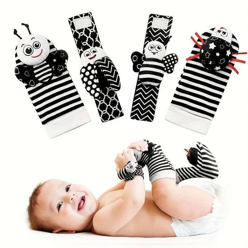 Juego de 4 juguetes sonajero para bebés para recién nacidos e infantes de 0-12 meses con calcetines de muñeca