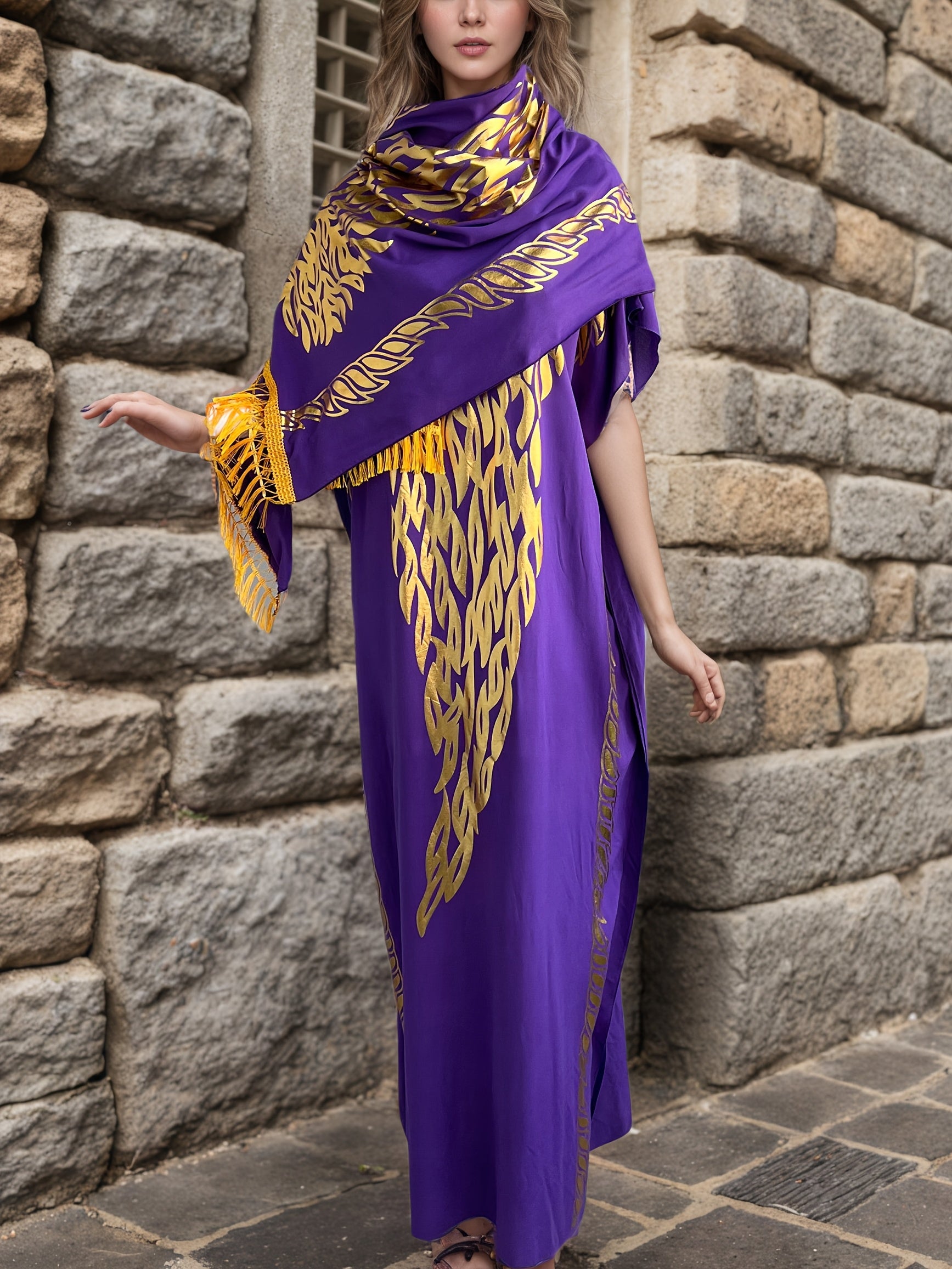 Plus o'lchamli musulmon kiyimi, tassel bosh kiyim bilan, batwing ko'krak, polga cho'zilgan, binafsha mato